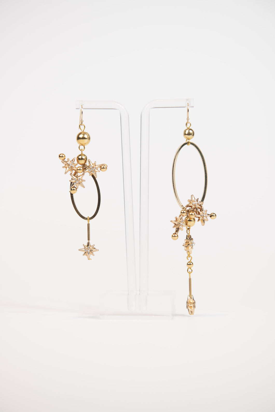 Asymmetrical celestial oval drop earrings - gold