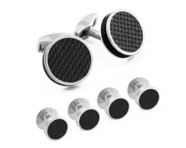 Disc stud set - Rhodium and black carbon fibre disc cufflink and stud set