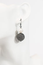 Load image into Gallery viewer, Gunmetal crystal sphere and freshwater pearl drop earrings