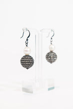 Load image into Gallery viewer, Gunmetal crystal sphere and freshwater pearl drop earrings