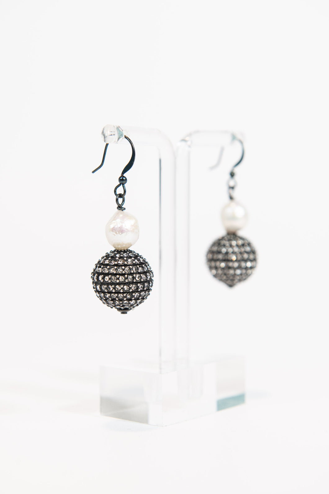 Gunmetal crystal sphere and freshwater pearl drop earrings
