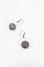 Load image into Gallery viewer, Gunmetal crystal sphere and freshwater pearl drop earrings