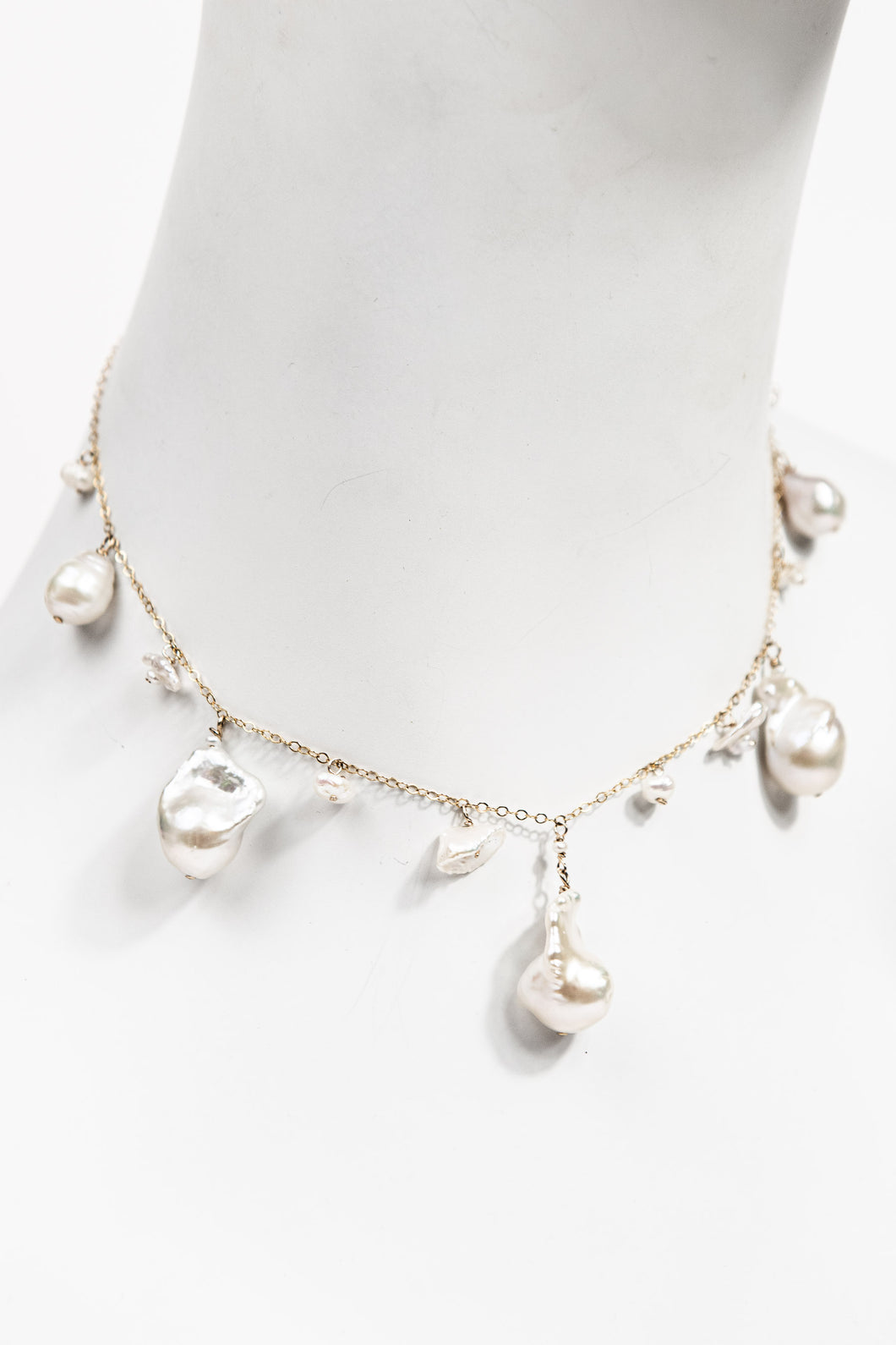Graduated drop baroque pearl necklace with 14K gold filled chain