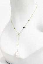 Load image into Gallery viewer, Baroque pearl lariat necklace with emerald crystal detail and gold chain