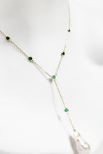 Load image into Gallery viewer, Baroque pearl lariat necklace with emerald crystal detail and gold chain
